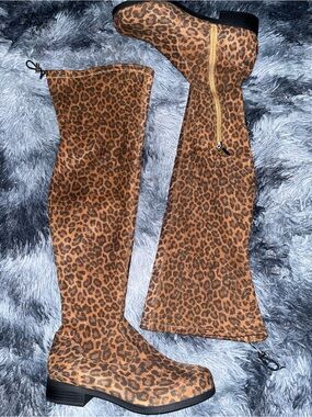 Shoe Dazzle Leopard Print Over-the-Knee Heeled Boots - Brown